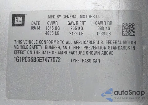 2014 Chevrolet Cruze 1Lt Auto from USA, damaged, VIN 1G1PC5SB6E7477072
